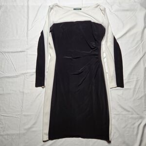 Lauren Ralph Lauren Womens 14 Ruched Boat Neck 3/4 Sleeve Dress Black White
